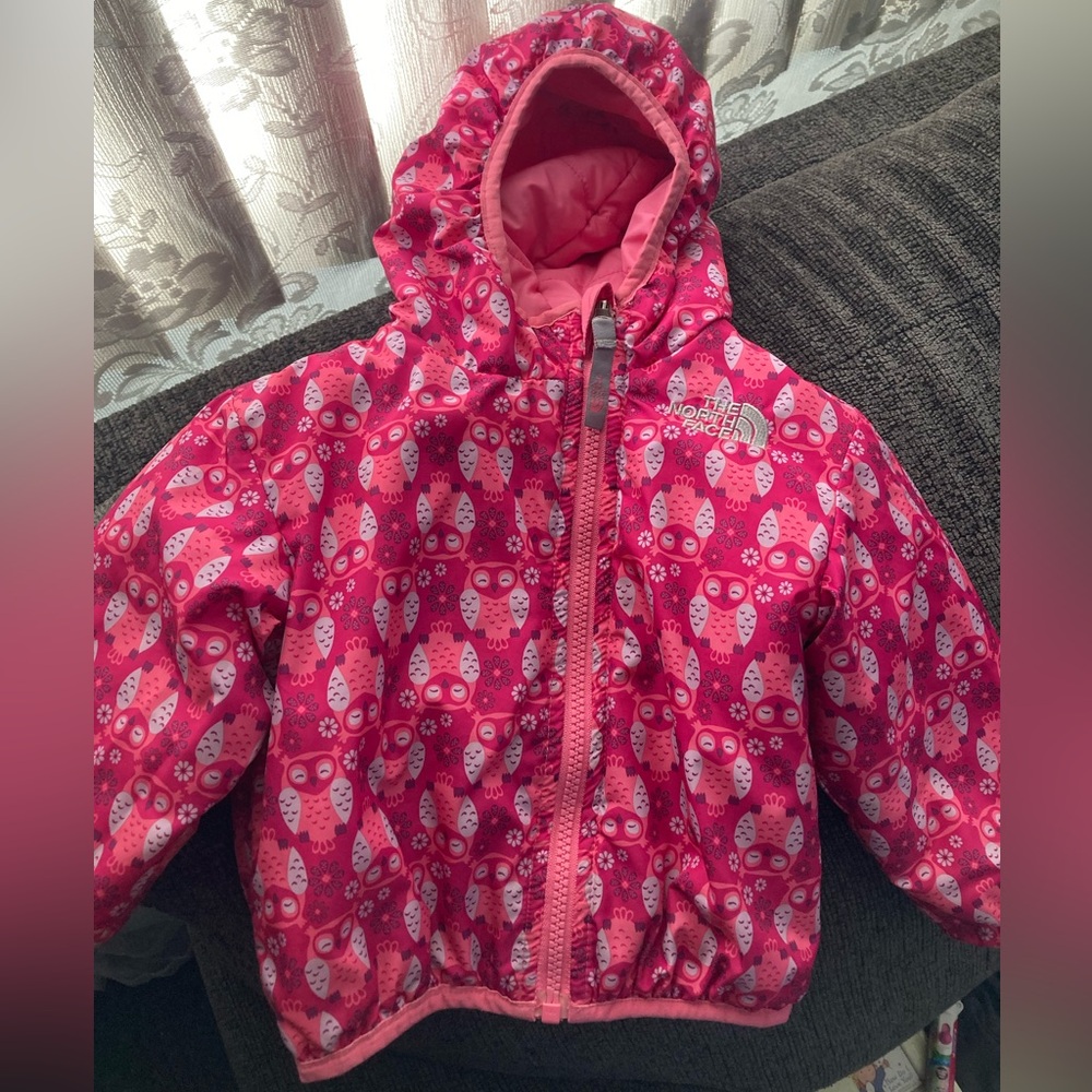 💕 North Face Reversible Perrito Jacket Pink Owl Print 6-12 Months Retail $90!!